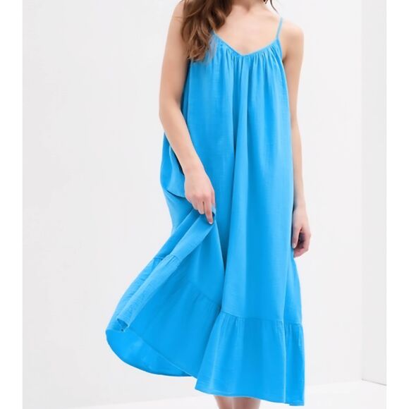 GAP Dress Women's XXL Blue Gauze Cami Maxi Tiered Tie Back Sleeveless - Picture 1 of 5